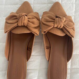 J.Crew Pointed Toe Knotted Bow Slip On Mules Warm Brown Faux Suede